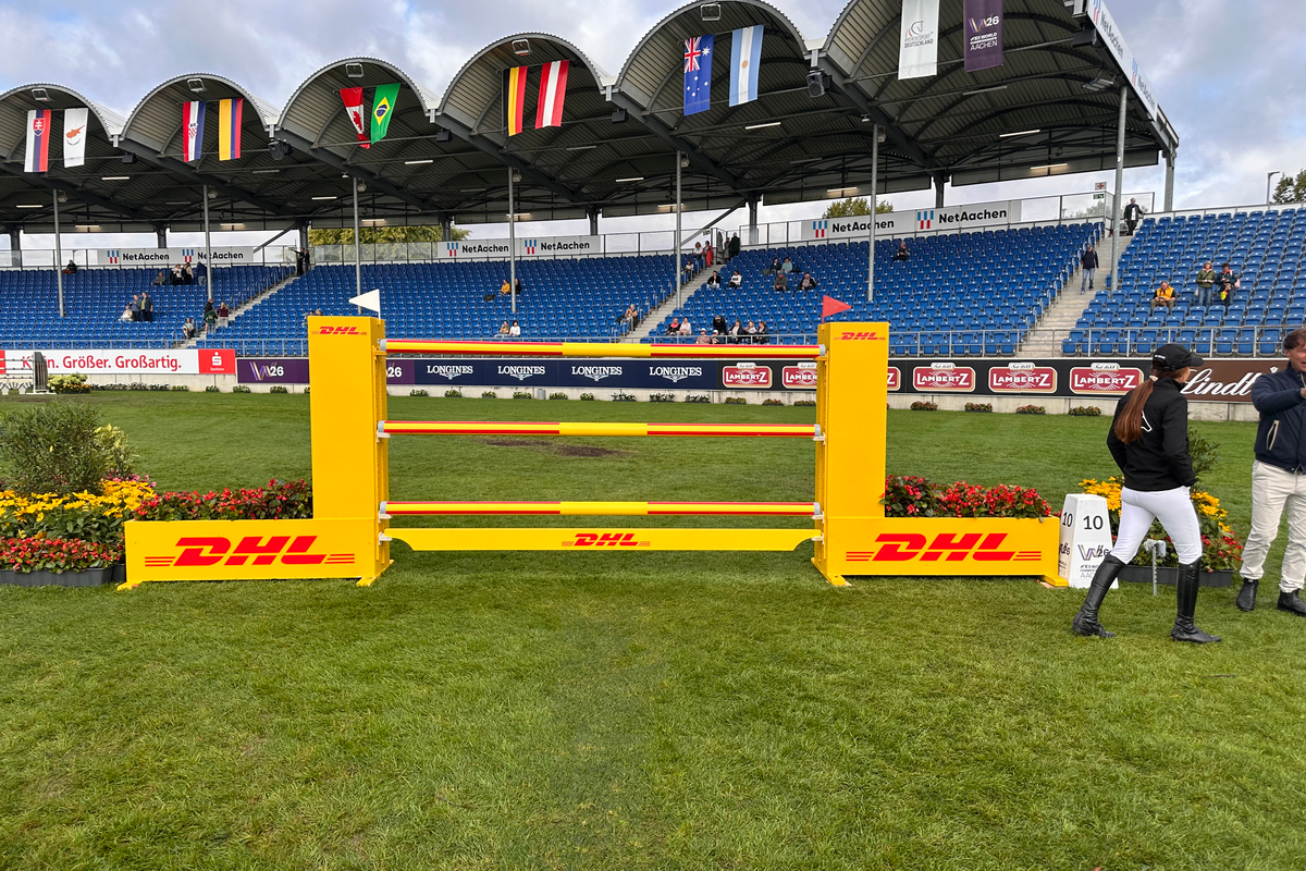 The highest jump on the course—a narrow, steep jump. Narrow also always means low bars. Low bars fall faster.