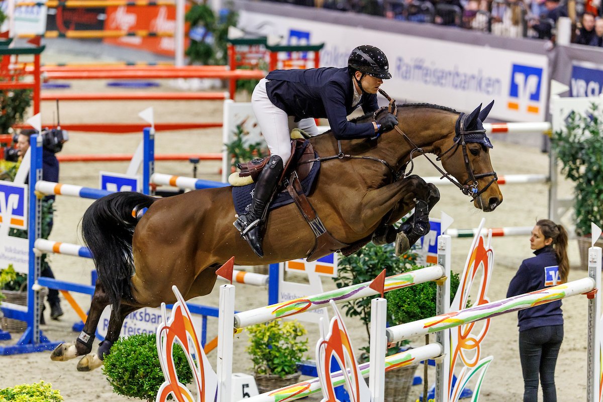 Der Holsteiner Hengst United Way unter Lucas Wenz, hier bei den VR Classics in Neumünster 2026. Foto: sportfotos-lafrentz.de